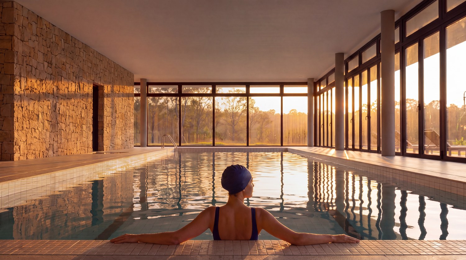 Piscina coberta · perspectiva ilustrada