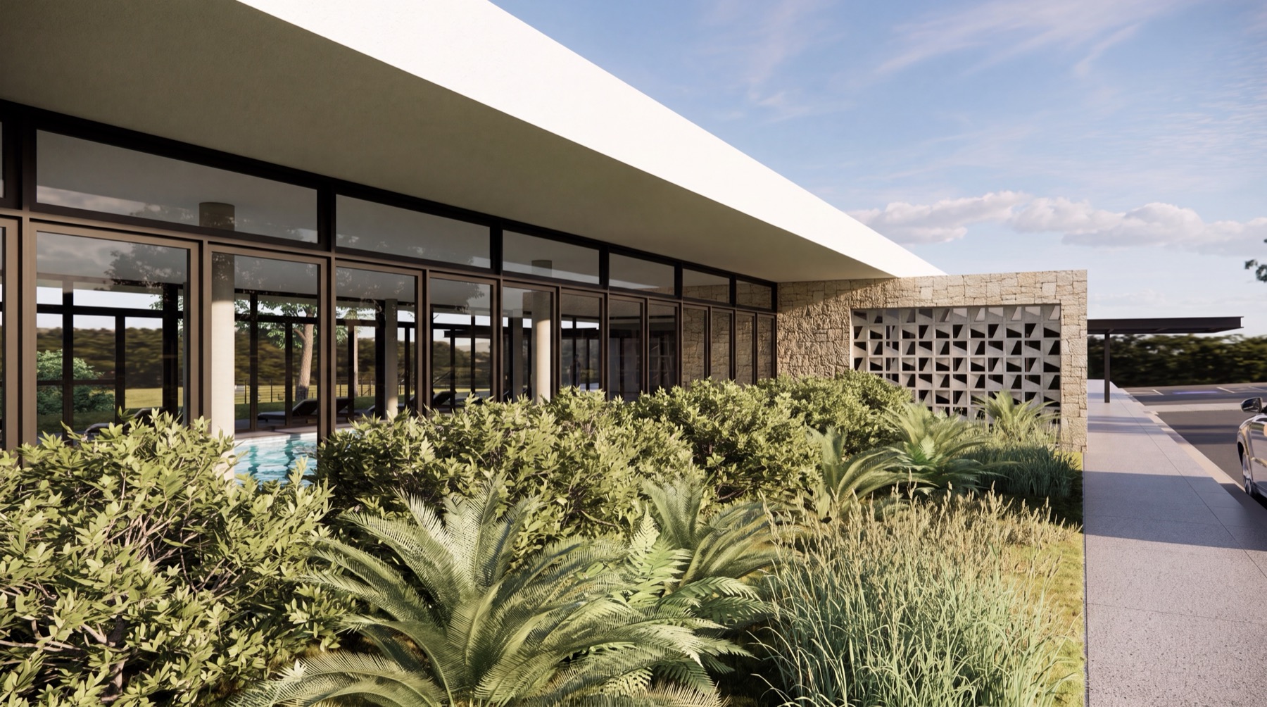 Fachada do club house e chegada · perspectiva ilustrada